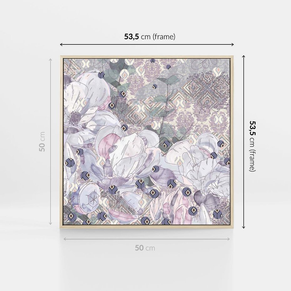 Obraz w ramie 50x50 - Malowane oddechy istnienia - pomieszane tekstury, kwiatowe elementy - rama drewno