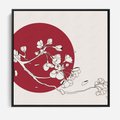 Obraz w ramie 50x50 - Esencja Zen - kwiatnąca wiśnia, orientalna grafika - rama czarna