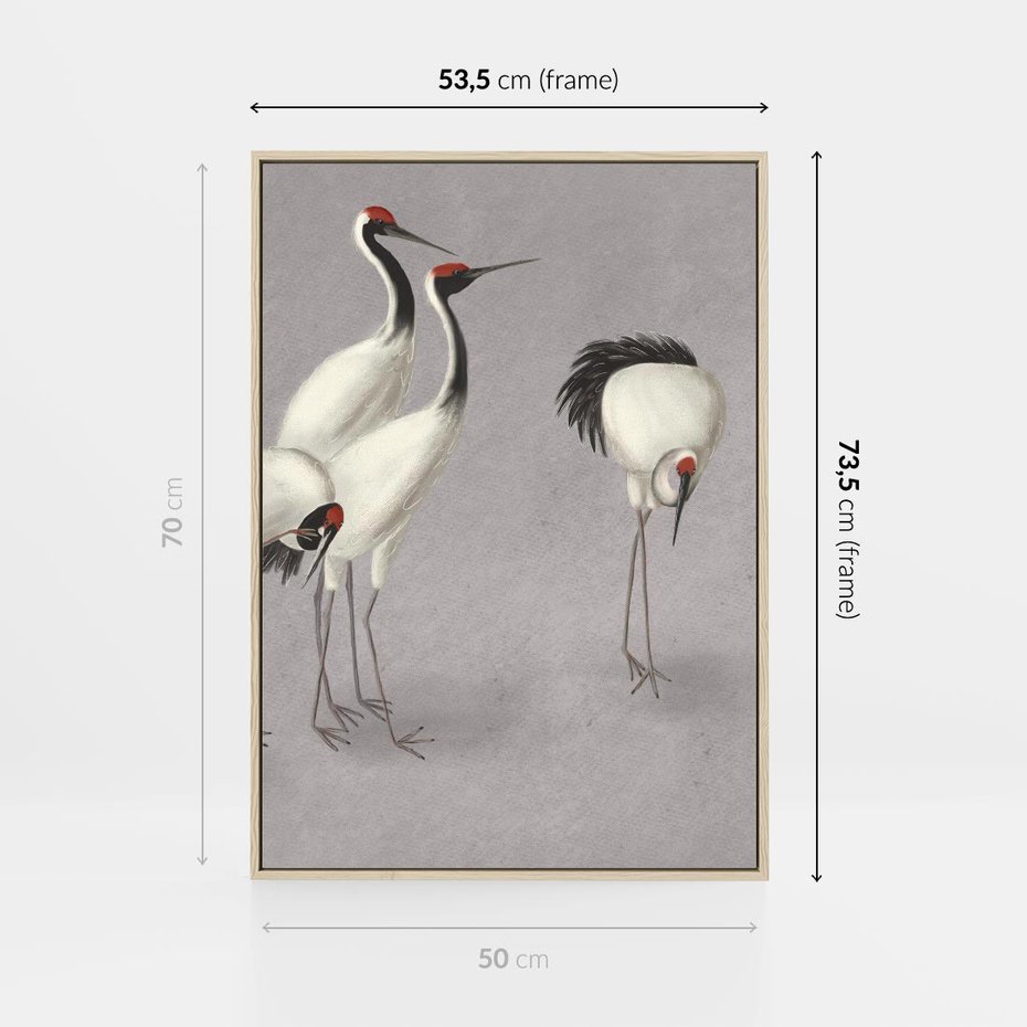 Obraz w ramie 50x70 - Spojrzenie wstecz w pędzlu - szkic rysunek, japońskie żurawie - rama drewno