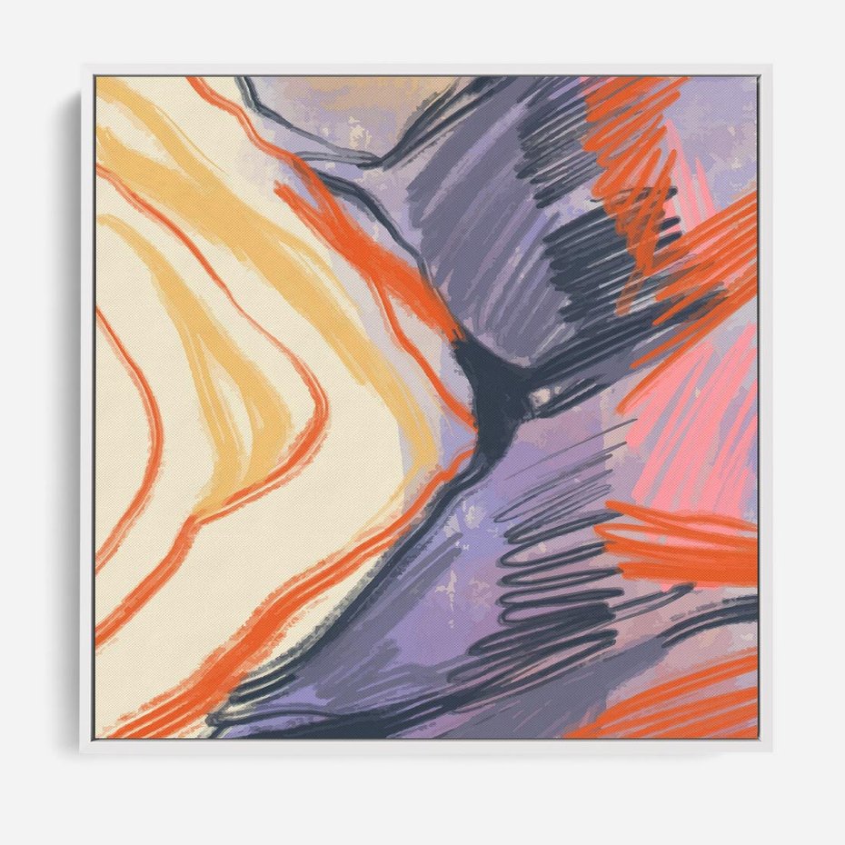 Obraz w ramie 80x80 - Pokreślony Świat - abstrakcyjne formy, odcienie pomarańczu i fioletu - rama biała