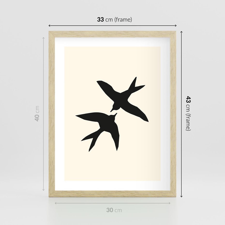 Plakat w ramie 30x40 - Kreatywne Echa - jaskółki, minimalizm - rama drewno