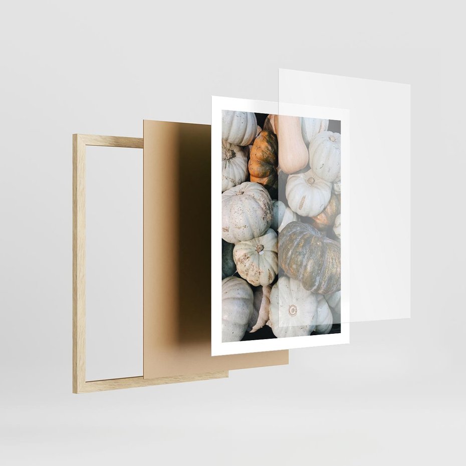 Plakat w ramie 50x70 - Minimalizm Jesieni - dynie, białe - rama drewno