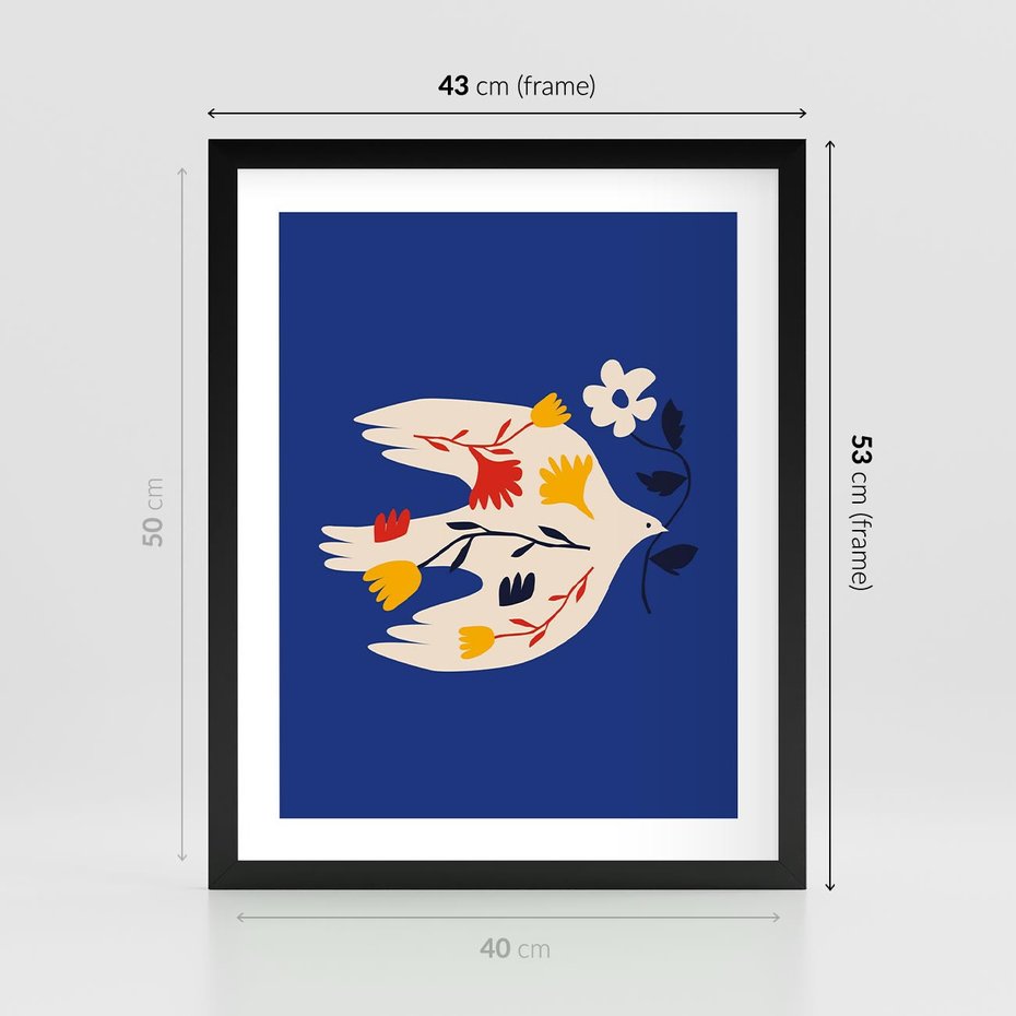 Plakat w ramie 40x50 - Bezczasowy Szept - niebieskie tło, abstrakcyjny biały ptak - rama czarna