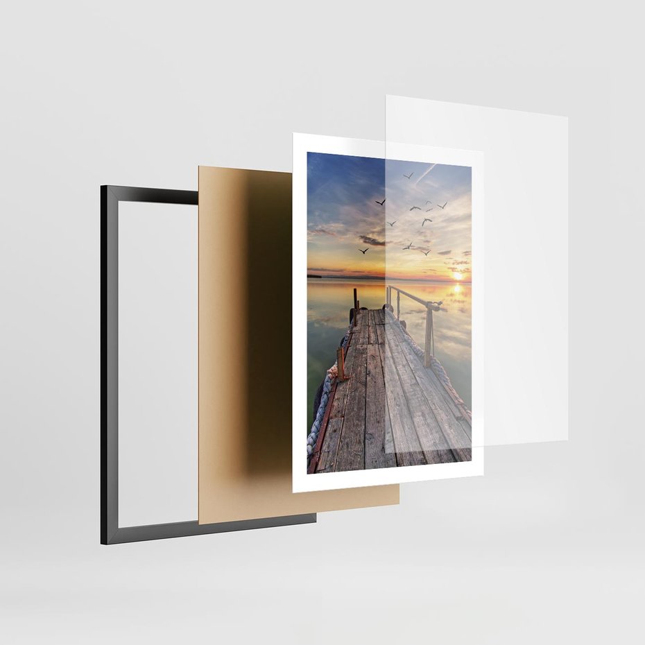 Plakat w ramie 50x70 - Spokojny pomost nad jeziorem - pomost, jezioro - rama czarna