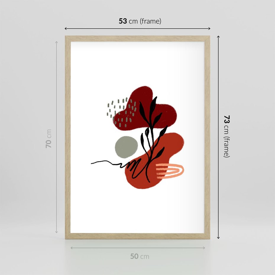 Plakat w ramie 50x70 - Migocące Kształty Liści - bstrakcyjna sztuka, boho kształty - rama drewno