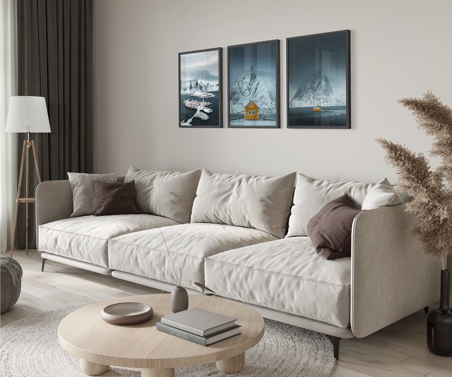 Zestaw obrazy w ramie 50x70 galeria - Norwegia, skandynawski, domek, góry - rama czarna