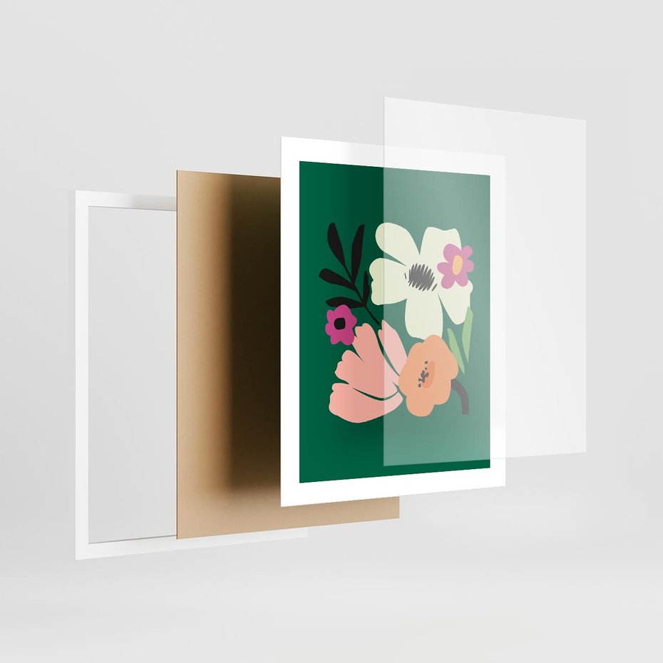 Plakat w ramie 40x50 - Rozbijające Echa - abstrakcyjne kwiaty, zielone tło - rama biała