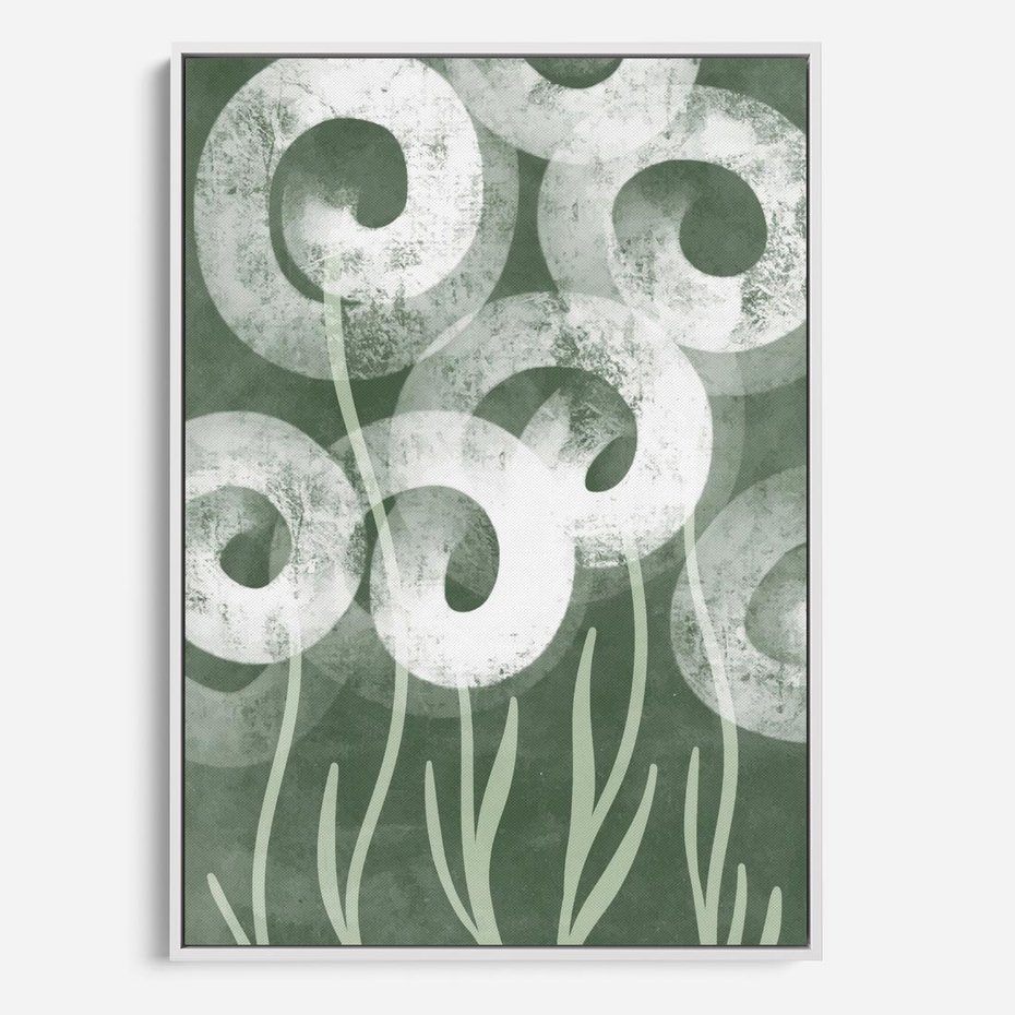 Obraz w ramie 50x70 - Spokojne Plamy Natury - zielony plakat, roślinne motywy - rama biała