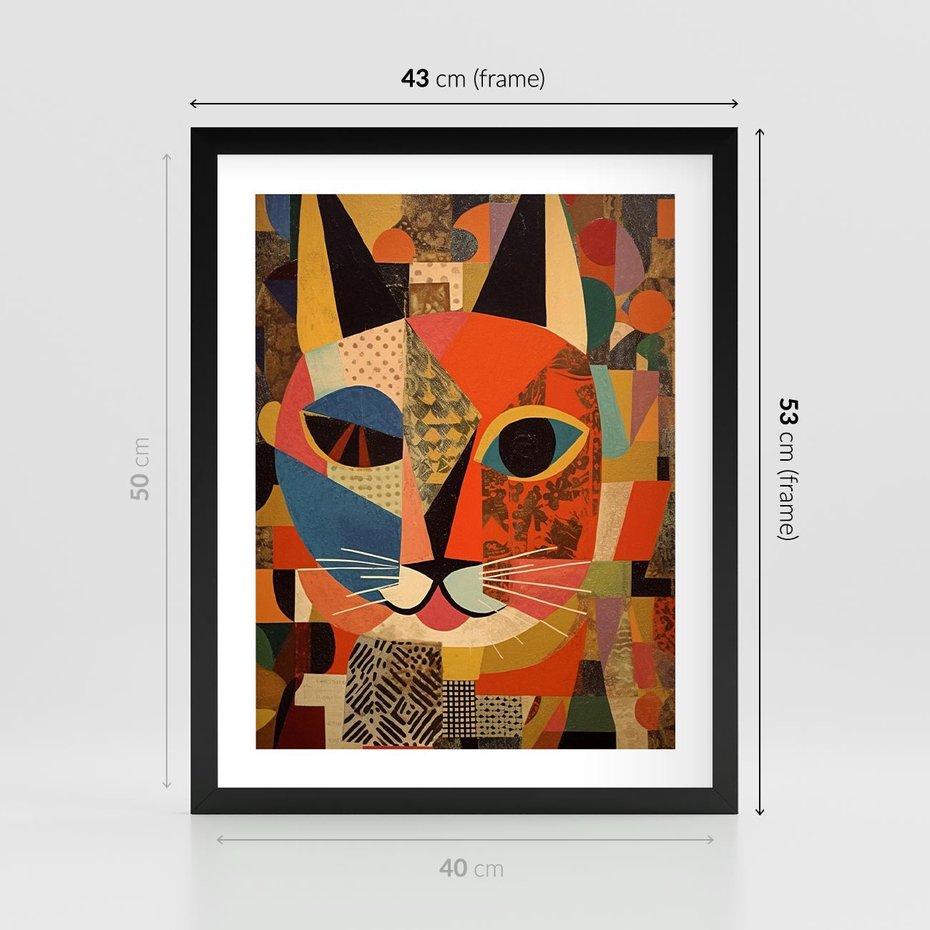 Plakat w ramie 40x50 - Impresje Nieznanych Odniesień - abstrakcyjny obraz olejny, kot - rama czarna