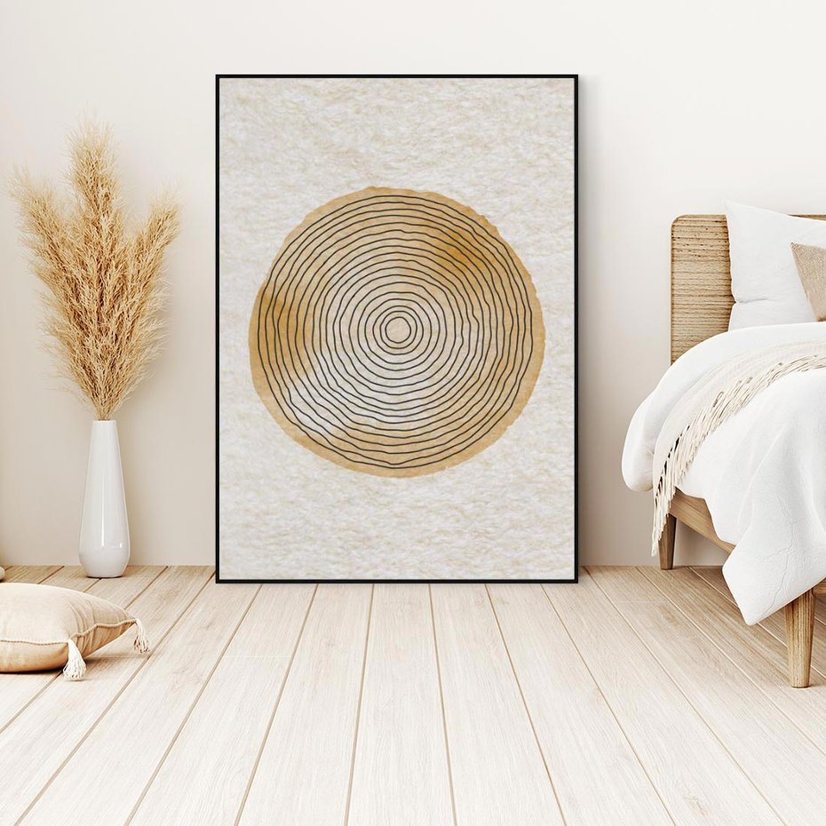 Obraz w ramie 50x70 - Zapisane w promieniach słońca - beżowe strukturalne tło, koła - rama czarna