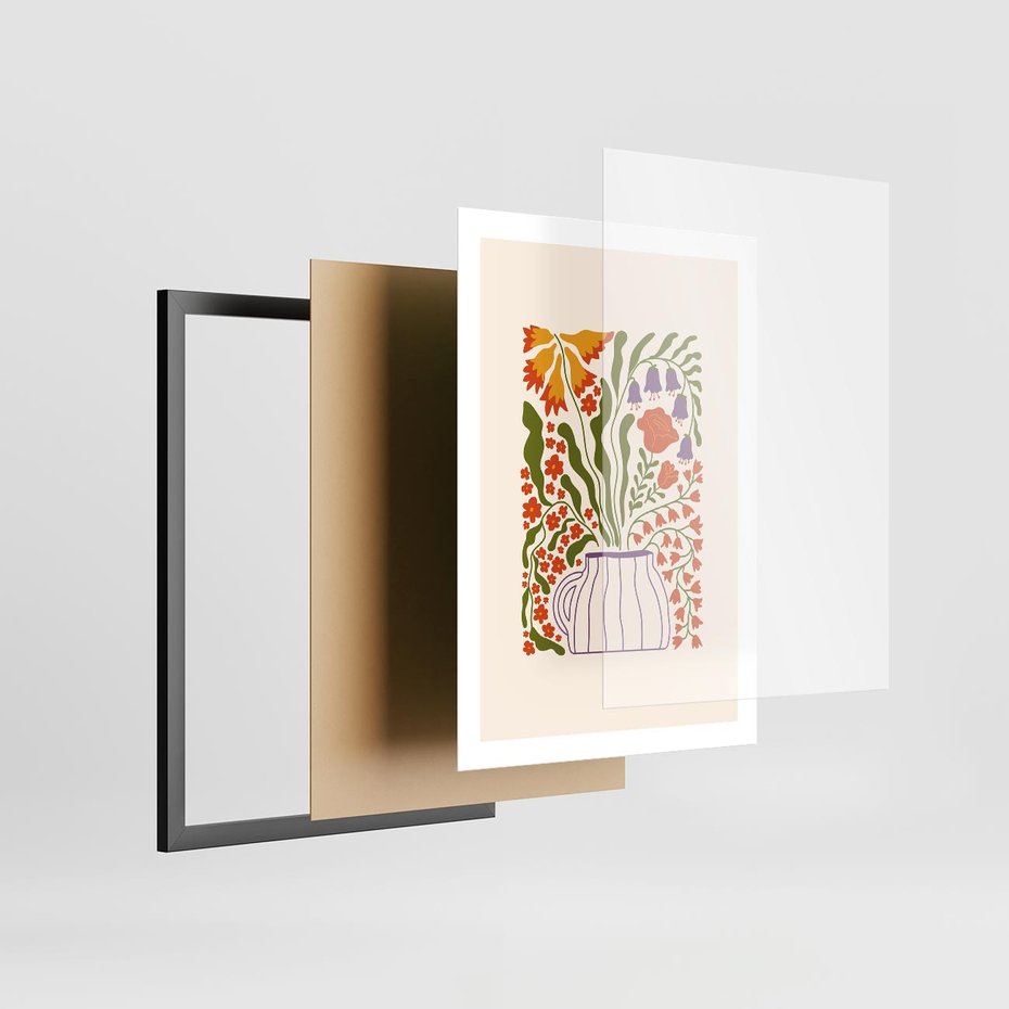 Plakat w ramie 50x70 - Świeżość Kwiatów - kwiaty w wazonie, minimalistyczna kompozycja - rama czarna