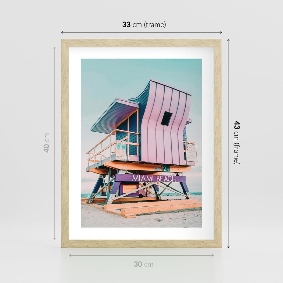 Plakat w ramie 30x40 - Miami Beach - plaża miami, domek ratownika - rama drewno