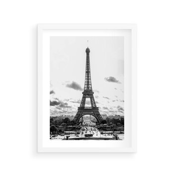 Plakat w ramie 50x70 - Wieża Eiffla - czarno białe zdjecie, wieża eiffla - rama biała