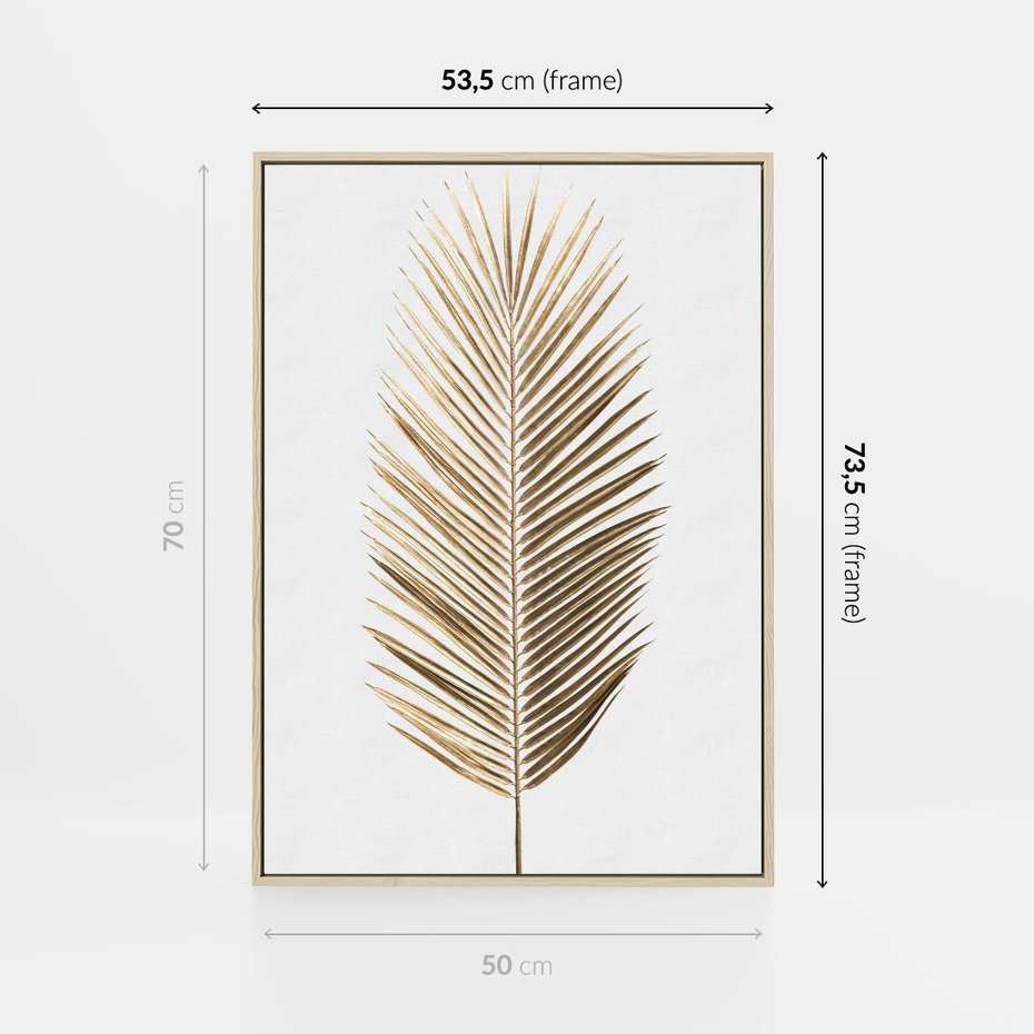 Obraz w ramie 50x70 - Złoty blask palmowego liścia - złota, palma - rama drewno