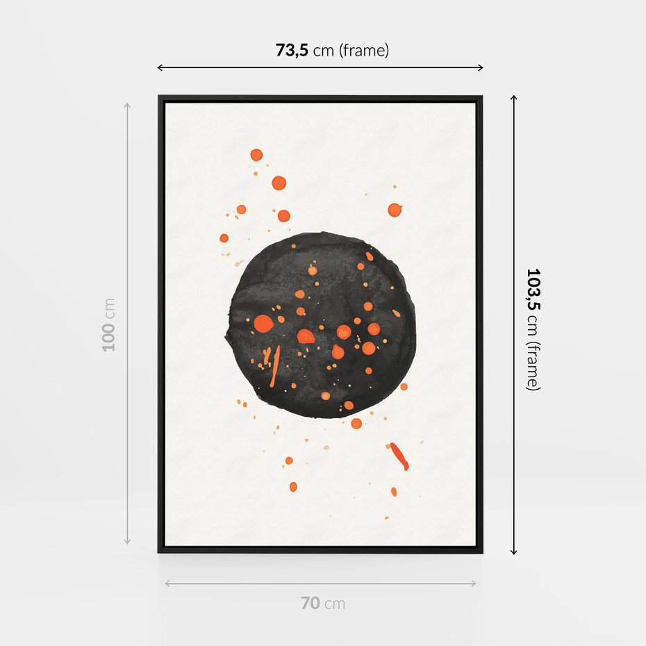 Obraz w ramie 70x100 - Impulsy Kreatywności - abstrakcyjna czarna plama, rozsiane pomarańczowe kropki - rama czarna