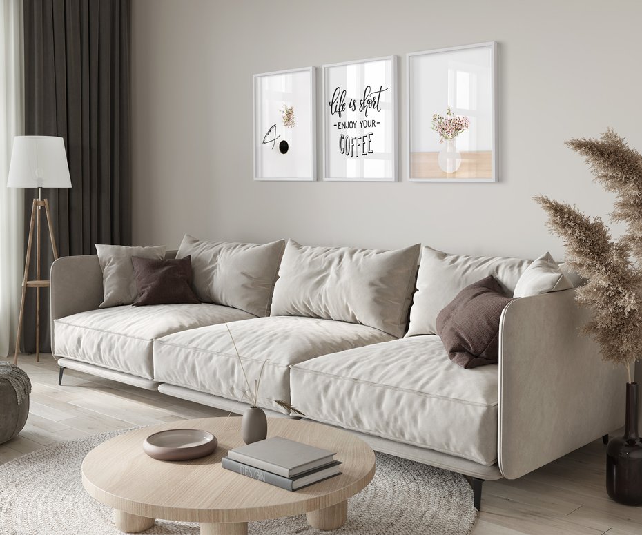 Zestaw obrazy w ramie 50x70 galeria - Kawa, kwiaty, minimalizm - rama biała