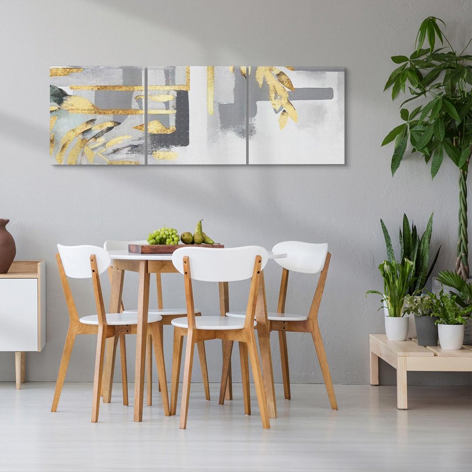 Obraz na płótnie 150x50 - Złote Palmy w Stylu Modern - geometryczne złote linie, szare tło