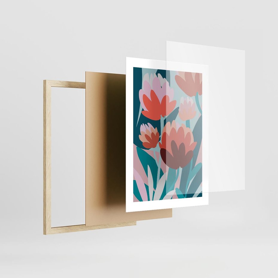 Plakat w ramie 30x40 - Symfonia Kwiatów - abstrakcyjna kompozycja kwiatowych form, kolor zgaszone - rama drewno