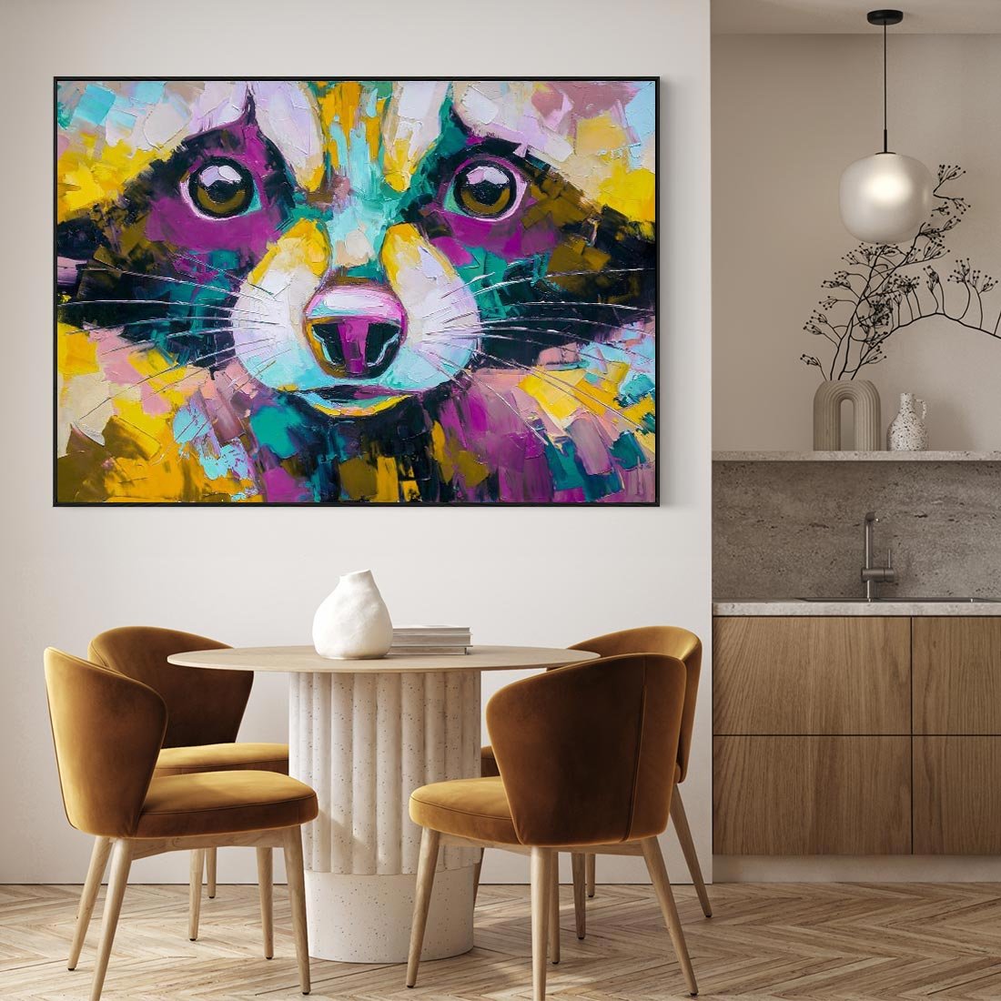 Obraz w ramie 100x70 - Przebudzenie snu artysty - zbliżenie, kolorowy portret szopa pracza - rama czarna