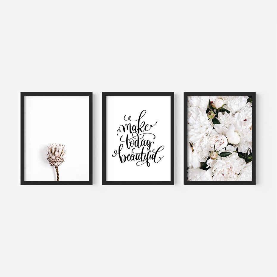 Zestaw obrazy w ramie 40x50 galeria - Kwiaty, piękno, minimalizm, typografia - rama czarna