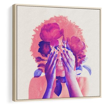 Obraz w ramie 50x50 - Kwiaty we Włosach - różowa postać, grafika - rama drewno