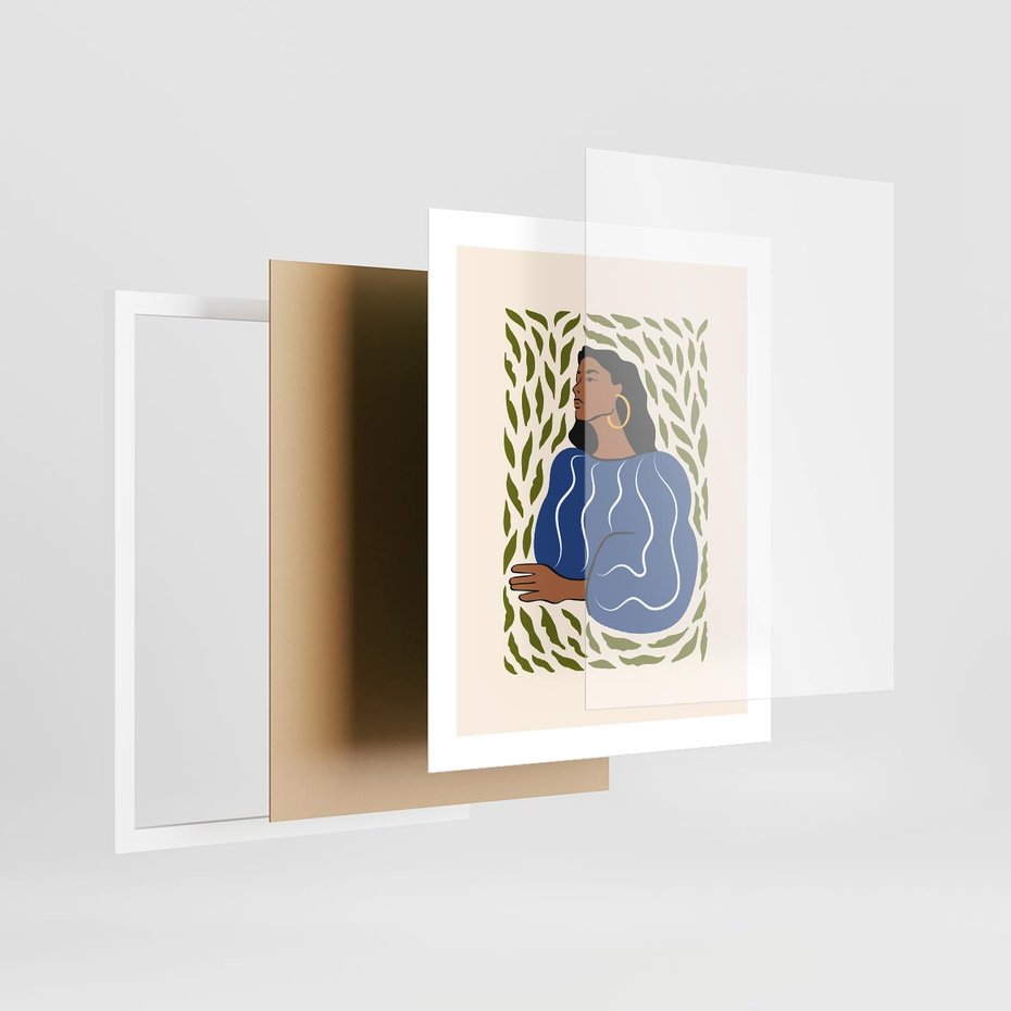 Plakat w ramie 40x50 - Rozbite Barwy - nowoczesny plakat, kobieta otoczona liśćmi - rama biała