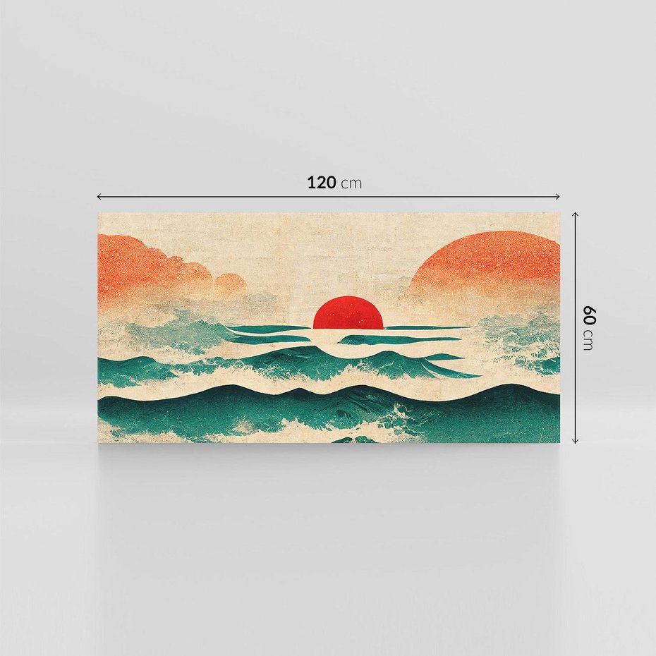 Obraz na płótnie 120x60 - Czerwone Melodie - japońska sztuka, zachód słońca nad oceanem