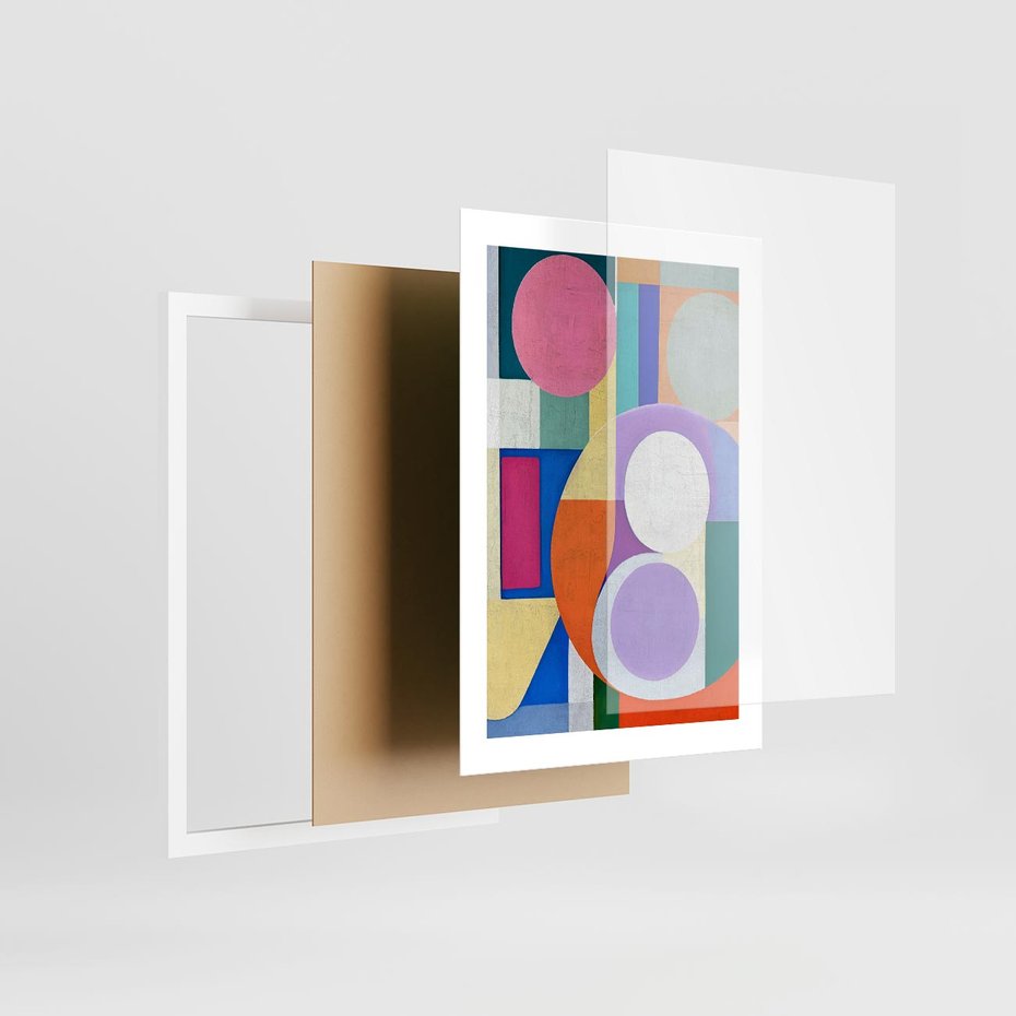 Plakat w ramie 30x40 - Migotliwe Impulsy Dźwięku - różne geometryczne formy, koła - rama biała