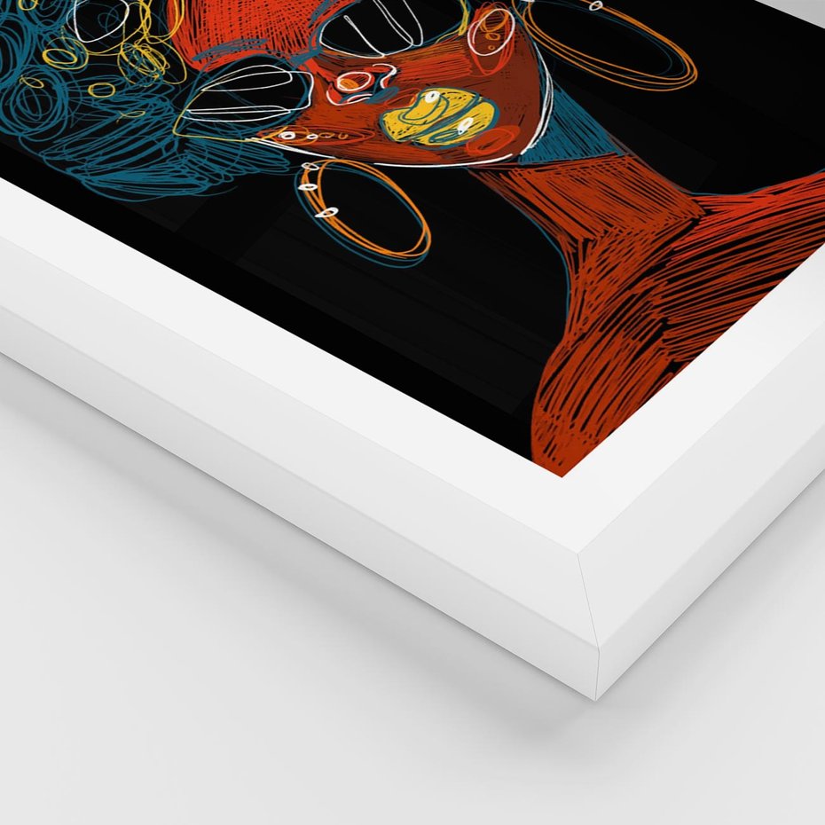 Plakat w ramie 40x50 - Kolorowe Wibracje Rzeczywistości - abstrakcyjny portret kobiety, twarz - rama biała