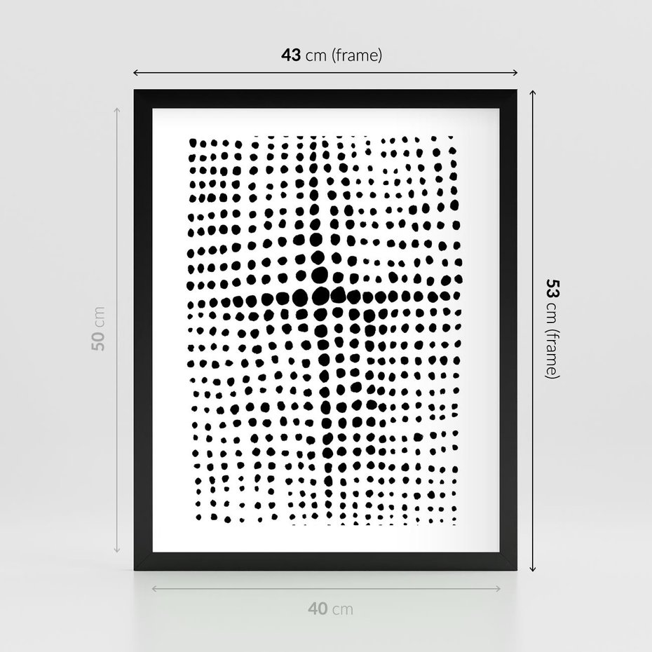 Plakat w ramie 40x50 - Refleksje Monochromatycznych Widoków - abstrakcyjna kompozycja z czarnych kropek, minimalistyczny czarno bialy plakat - rama czarna