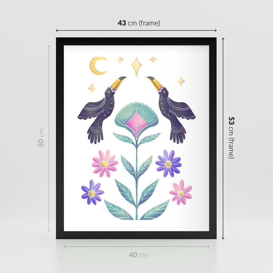 Plakat w ramie 40x50 - Przenikająca Dżungla - boho plakat, tukany - rama czarna