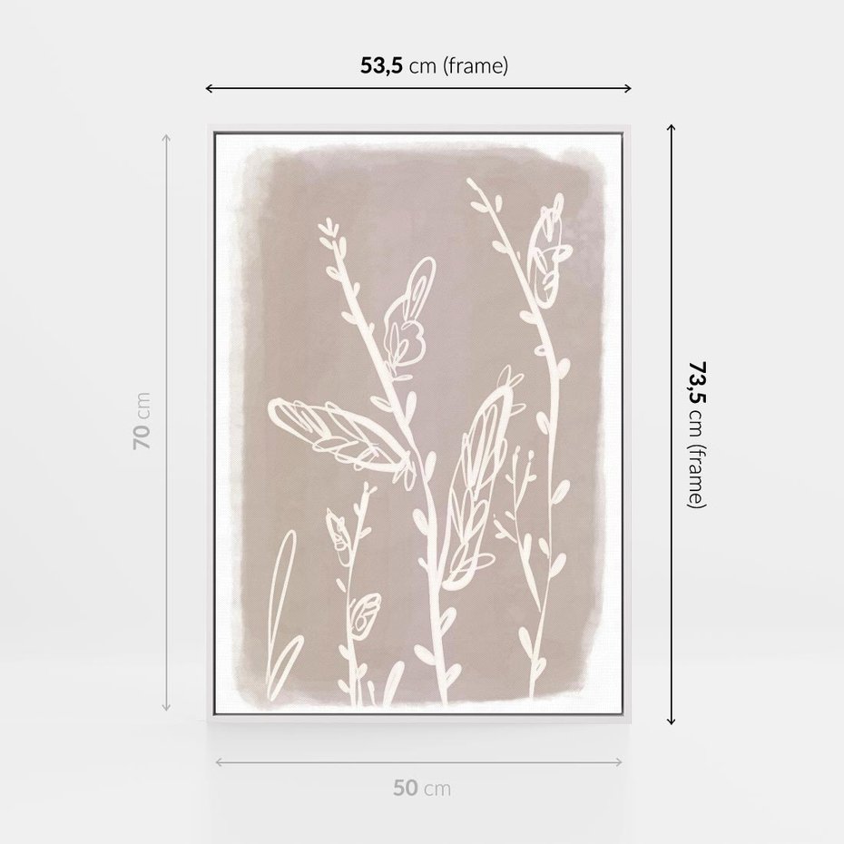 Obraz w ramie 50x70 - Roślinne Przeniknięcia - nowoczesny subtelny plakat, beżowy - rama biała