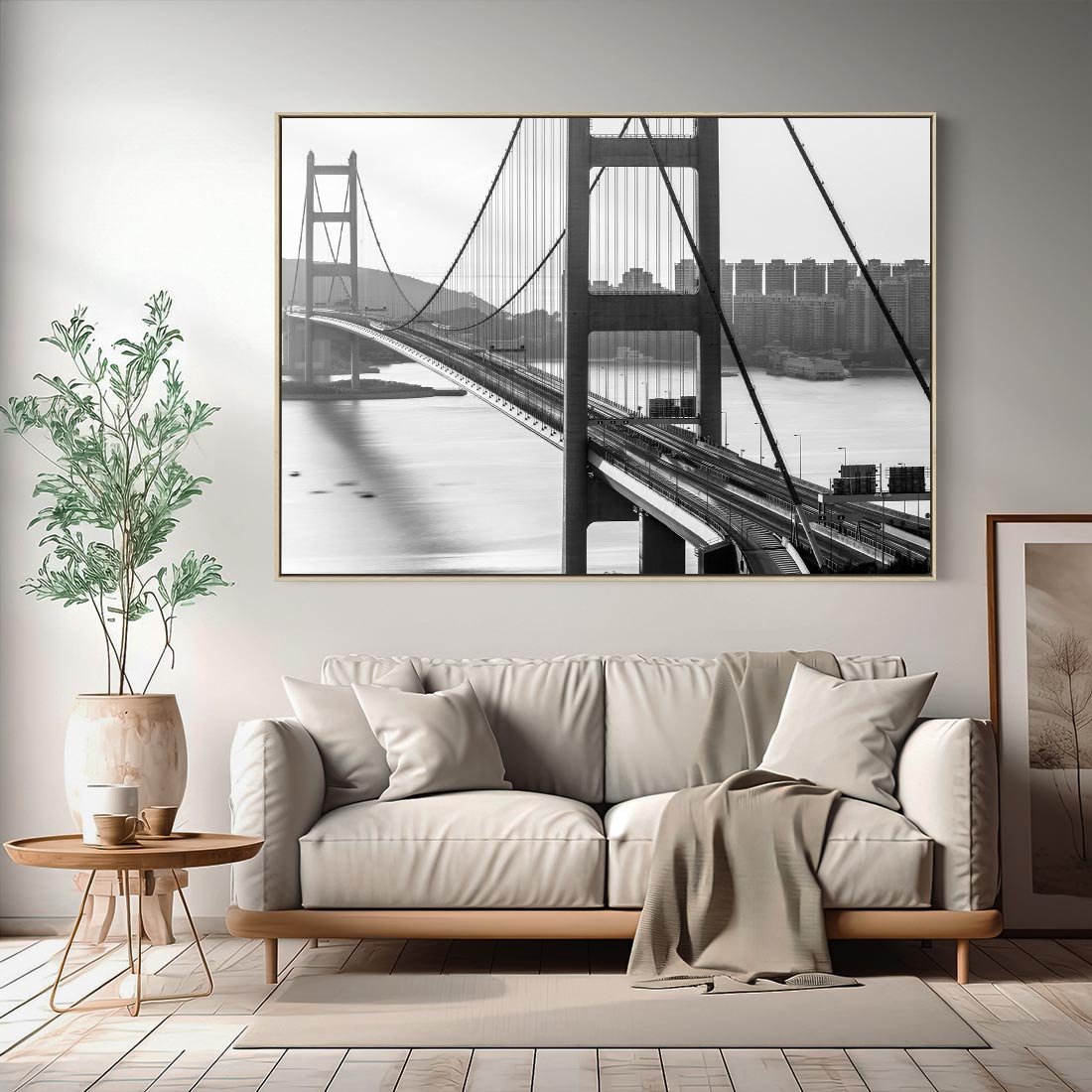 Obraz w ramie 100x70 - Ikona Miasta - most Nowy Jork, czarno biała fotografia - rama drewno