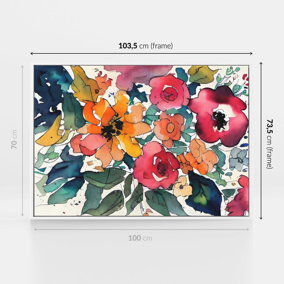 Obraz w ramie 100x70 - Kwiatowy Impuls Kolorów - abstrakcyjne kolorowe kwiaty, szkic - rama biała