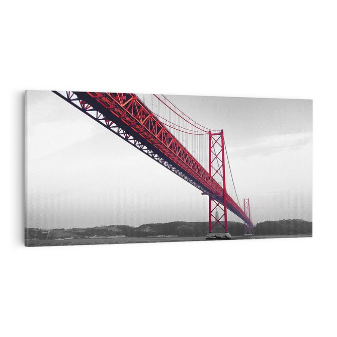 Obraz na płótnie 100x50 - Majestatyczny Most - czarno biała fotografia, czerwony stalowy most nad rzeką