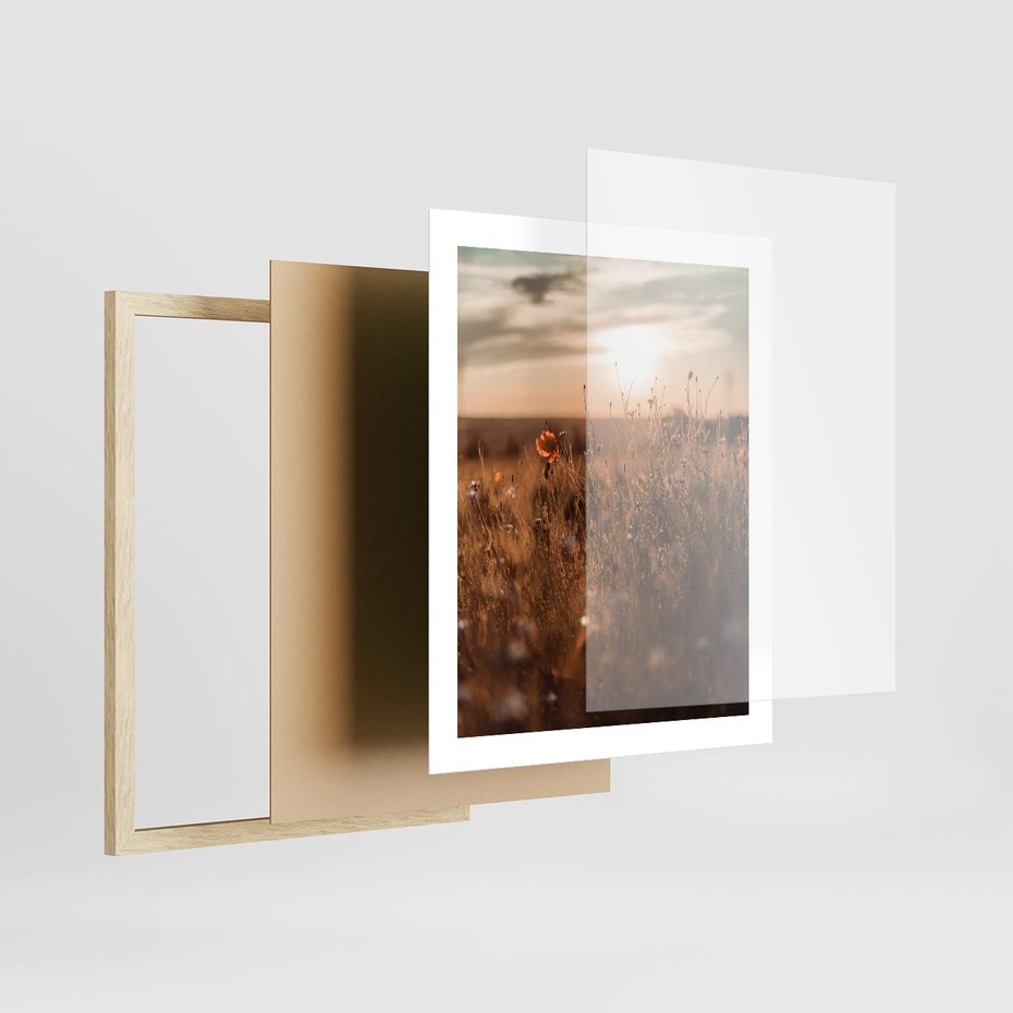 Plakat w ramie 40x50 - Zachwyt zachodem słońca na łące - zachód, słońca - rama drewno