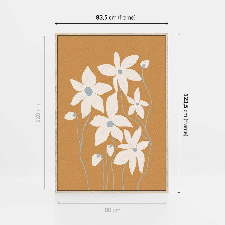 Obraz w ramie 80x120 - Kwiatowy Spektakl - minimalistyczne kwiaty, na pomarańczowym tle - rama drewno