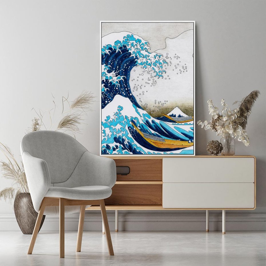 Obraz w ramie 80x120 - Wzburzone Morze - wielka fala w kaganawie, Hokusai - rama biała