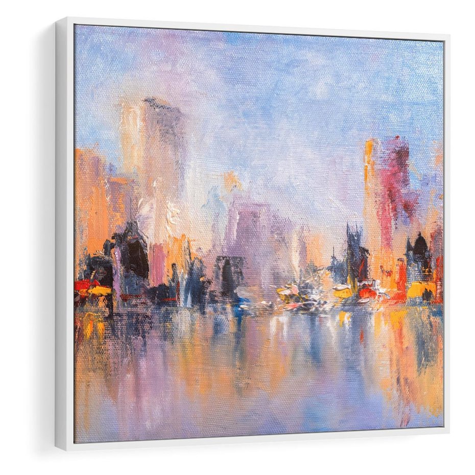 Obraz w ramie 50x50 - Miasto Refleksji - olejna panorama miasta w oddali, wiezowce odbijają się w rzece - rama biała