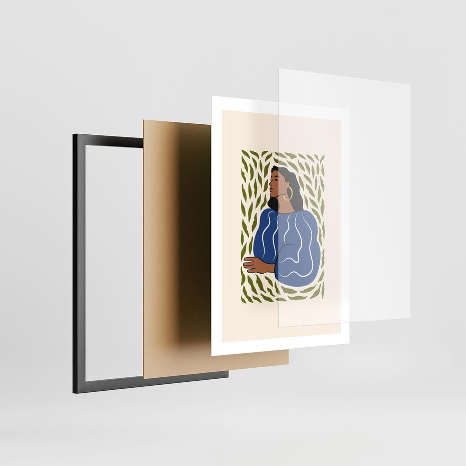 Plakat w ramie 50x70 - Rozbite Barwy - nowoczesny plakat, kobieta otoczona liśćmi - rama czarna