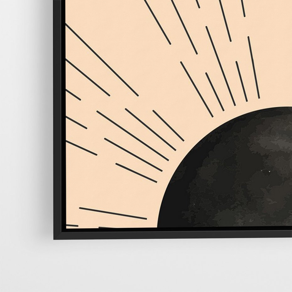 Obraz w ramie 50x70 - Migocące Kształty Promieni - boho czarne słońce, nowoczesna grafika - rama czarna