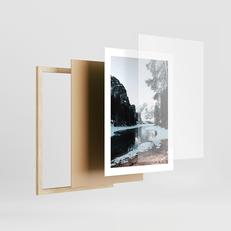 Plakat w ramie 30x40 - Zamarznięta Rzeka - zima w górach, zamarznięta rzeka - rama drewno