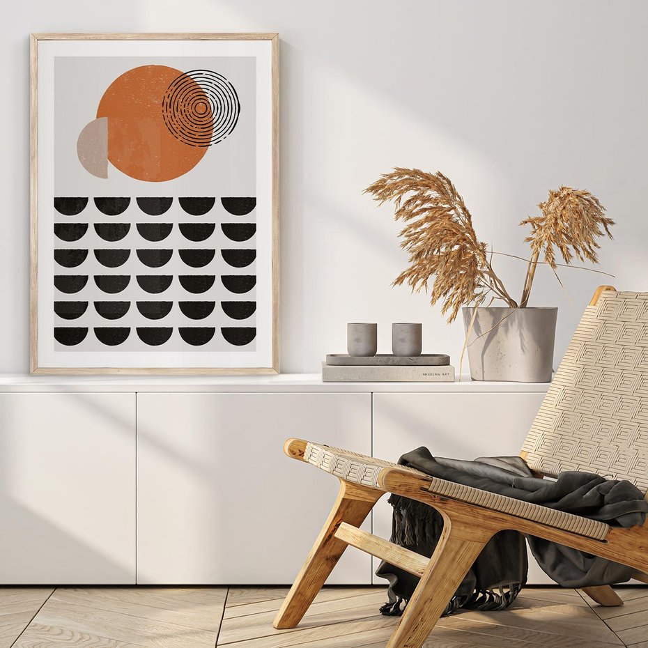 Plakat w ramie 40x50 - Geometryczna Ekspresja - geometryczny graficzny obraz, pomarańczowe koło - rama drewno