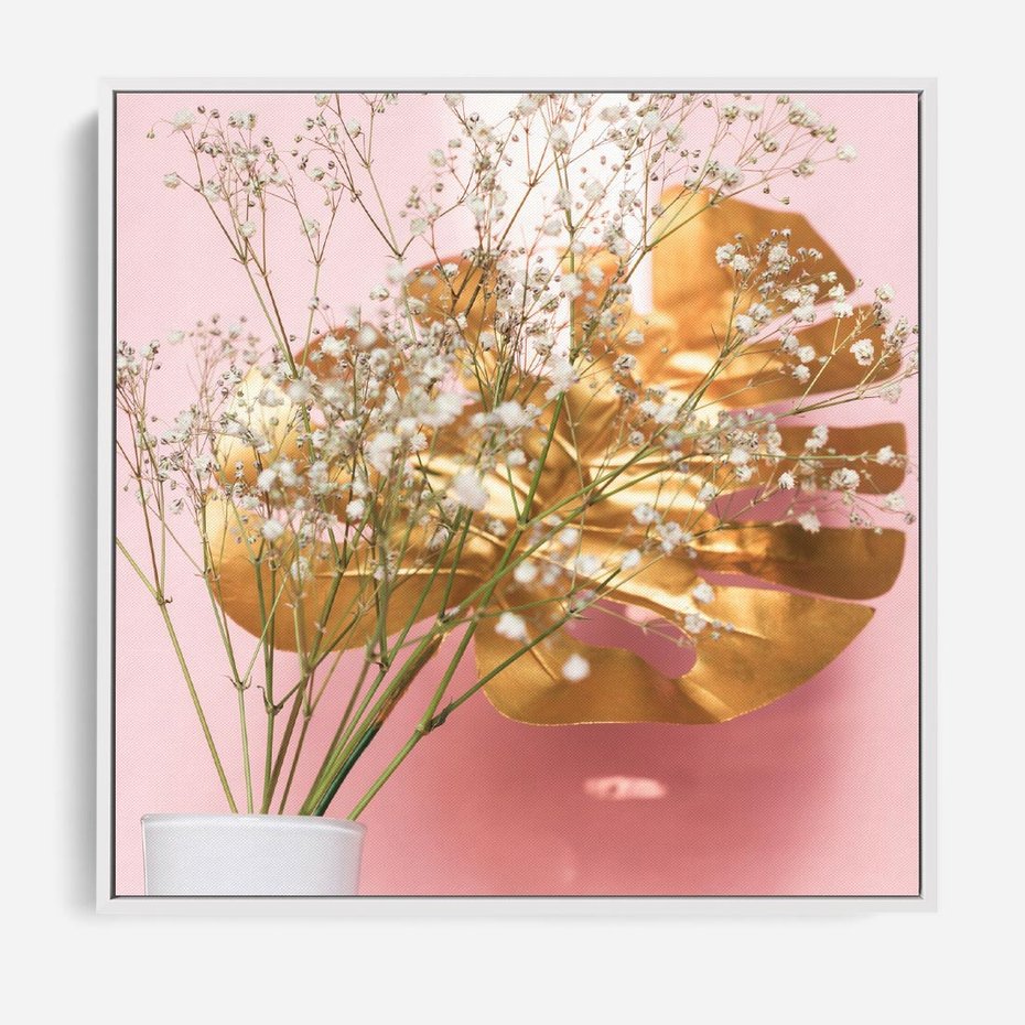 Obraz w ramie 50x50 - Blask Natury - złote, liście - rama biała