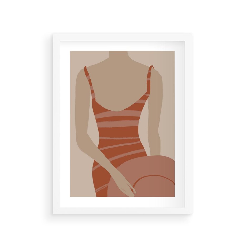 Plakat w ramie 30x40 - Kobiece Retro - minimalistyczny boho plakat, retro kobieta w stroju kąpielowym - rama biała