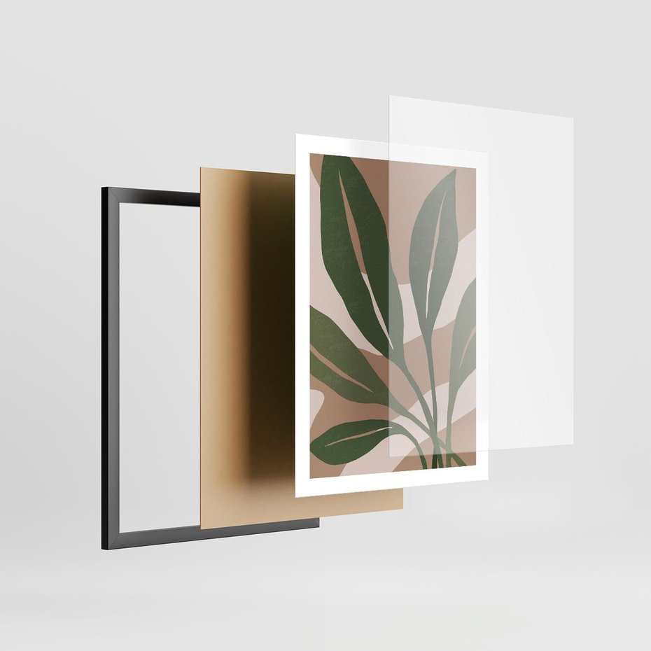 Plakat w ramie 50x70 - Nowoczesność Natury: Plakat z Zielonymi Liśćmi - nowoczesny plakat, beż - rama czarna