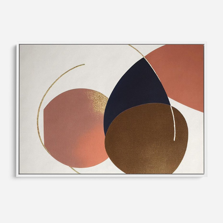 Obraz w ramie 120x80 - Pudrowe Kreacje - abstrakcyjne plamy koła złote linie modern art - rama biała