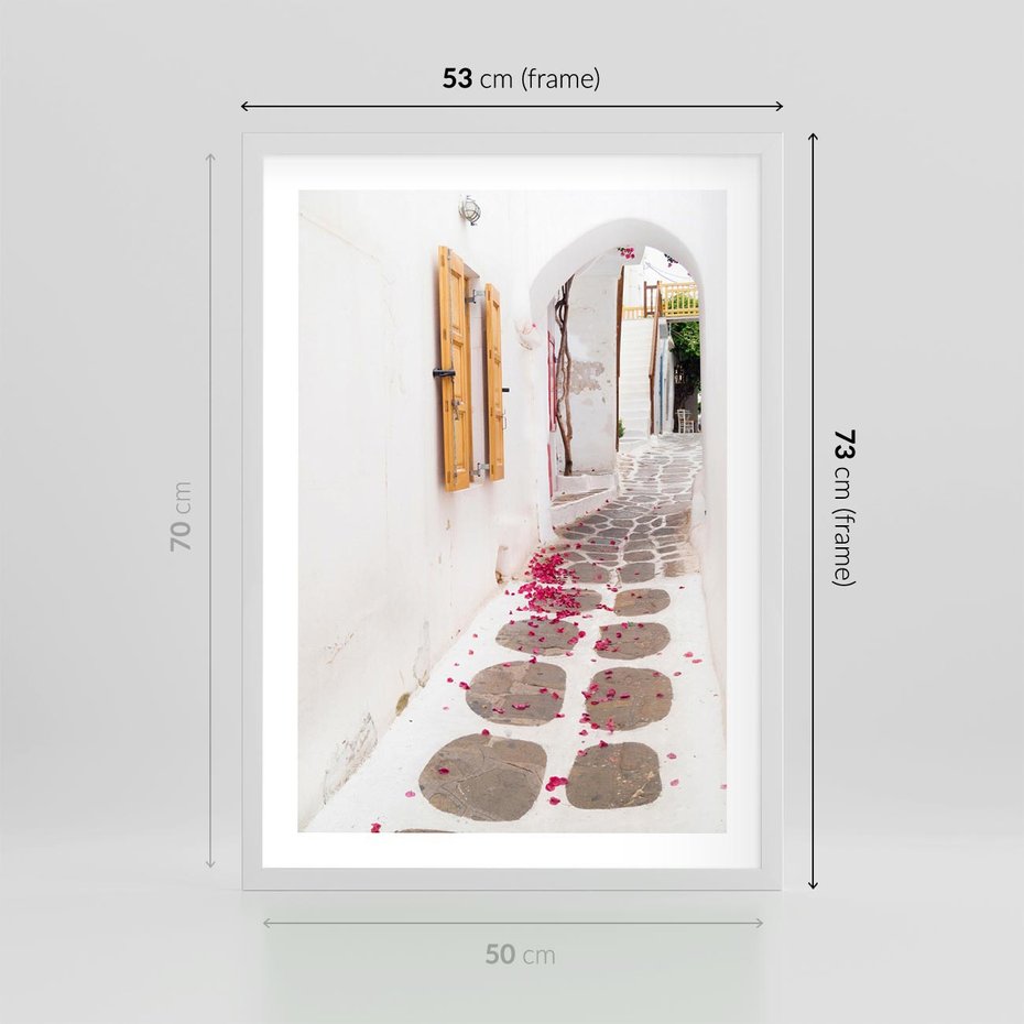Plakat w ramie 50x70 - Urok Południowej Uliczki - uliczka, południe - rama biała