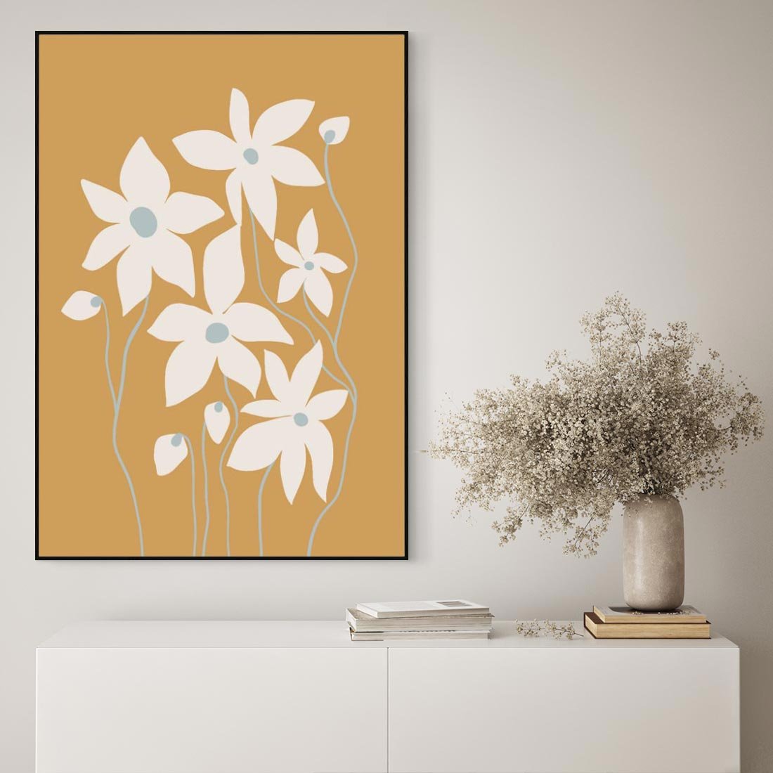 Obraz w ramie 70x100 - Kwiatowy Spektakl - minimalistyczne kwiaty, na pomarańczowym tle - rama czarna