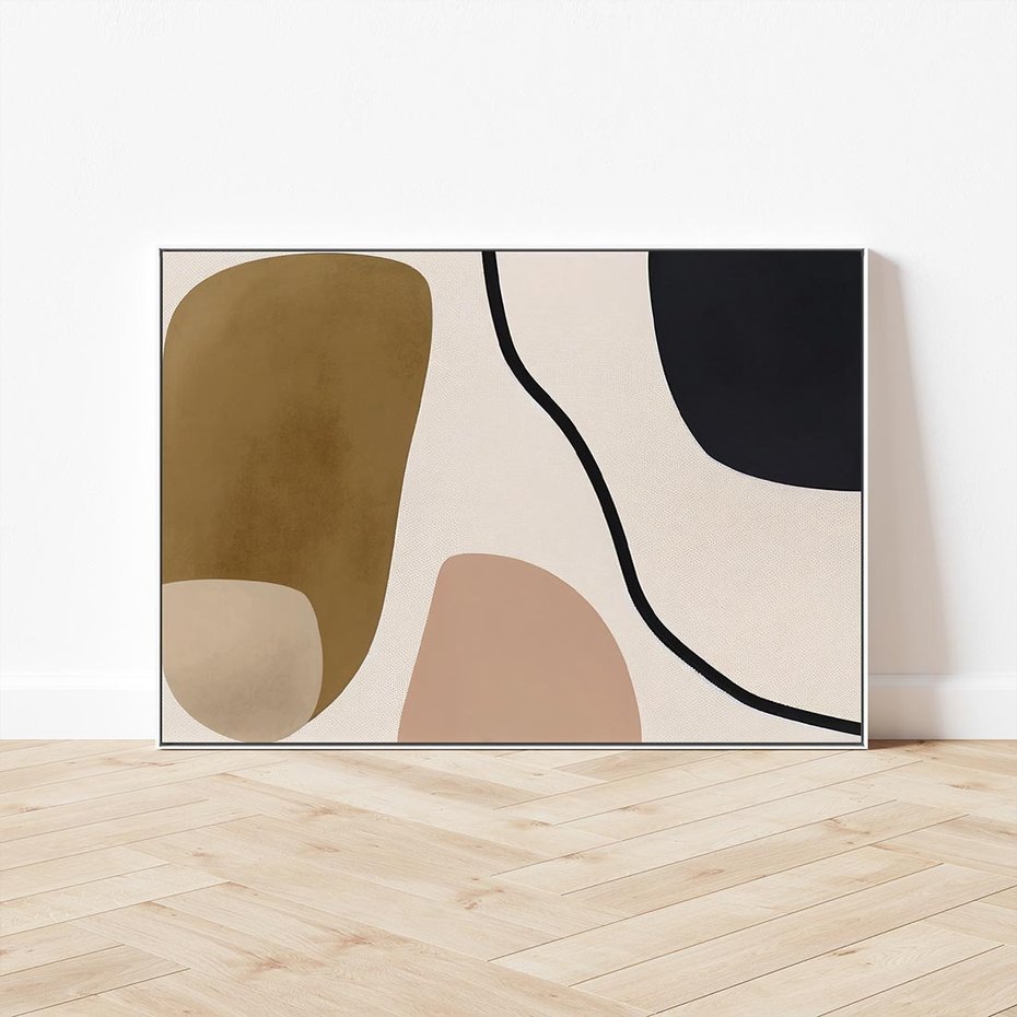 Obraz w ramie 70x50 - Harmonia chaosu i porządku - abstrakcyjne kształty, kolory beżu i brązu - rama biała